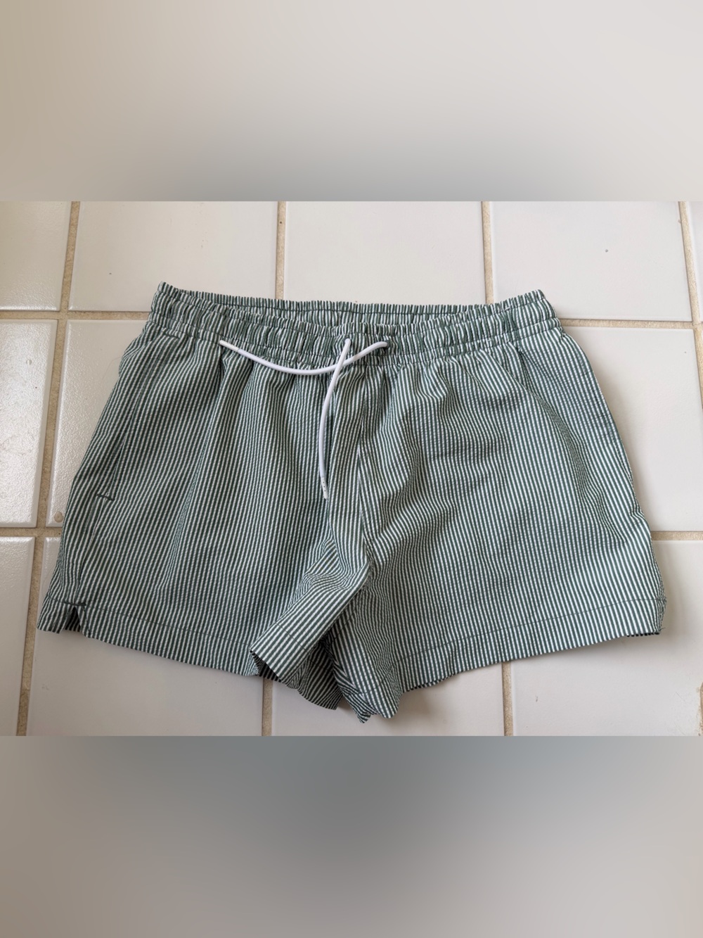 Abercrombie & Fitch Green and White Striped Swim Trunks